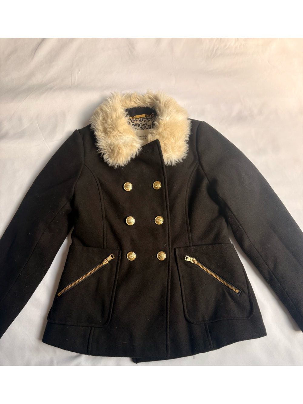 Women's Black Double-Breasted Coat with Faux Fur Collar